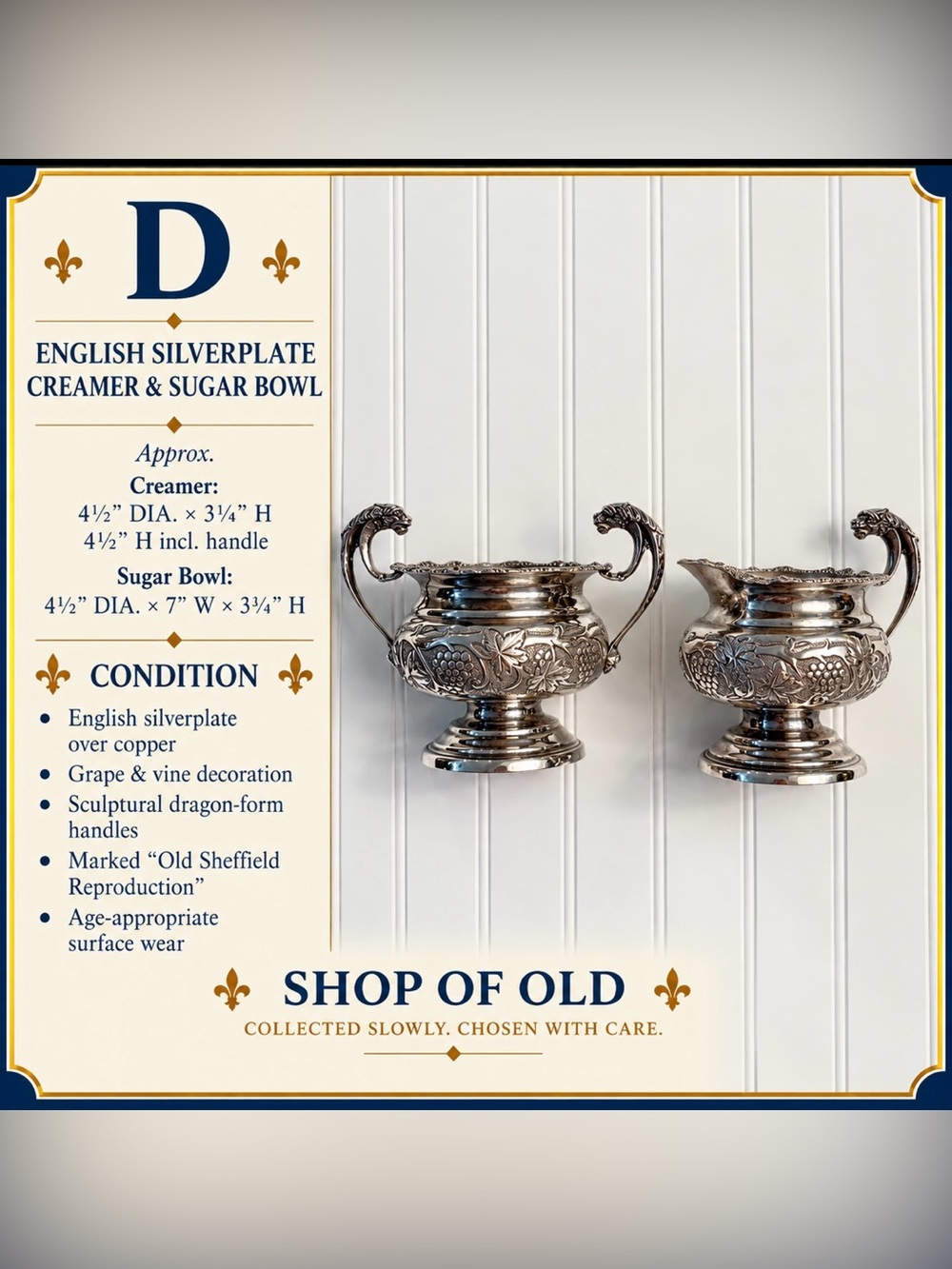 English Old Sheffield Reproduction Silverplate Creamer & Sugar Bowl with Dragon